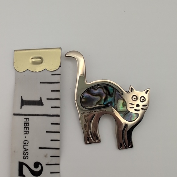Silver Tone Cat Brooch with Iridescent Abalone Shell Accent - Cat Jewelry Pin - Picture 2 of 5